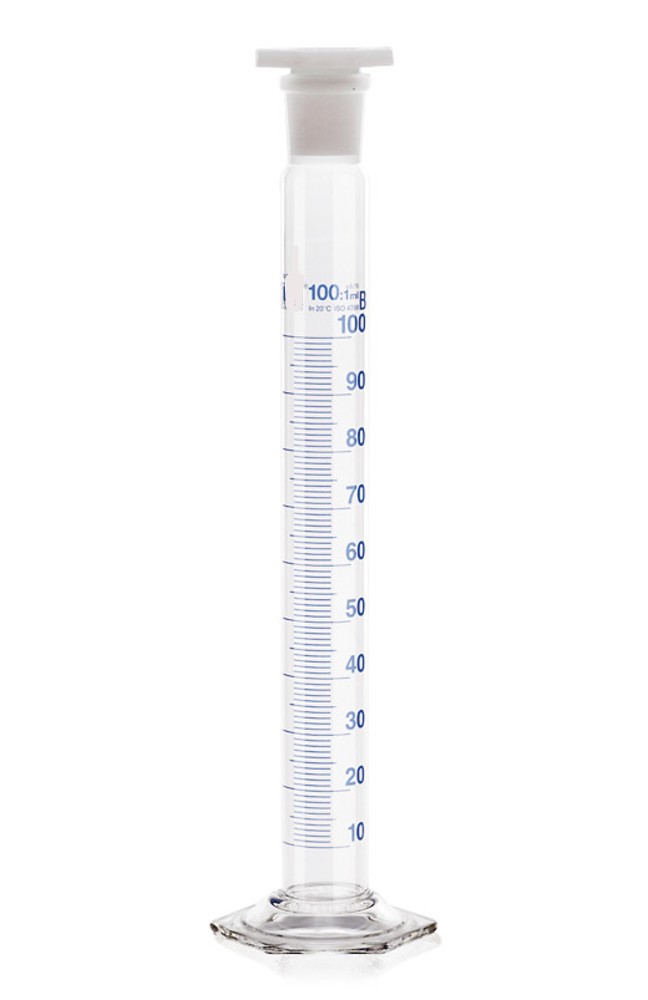 MEASURING CYLINDER, HEXAGONAL BASE WITH STOPPER, CLASS B.